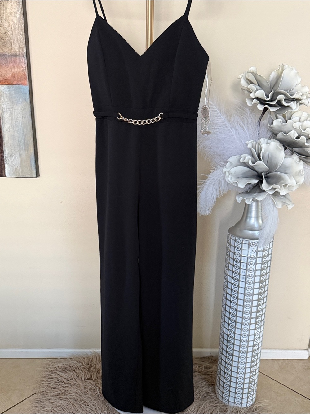 iris Black Spaghetti-Strap Jumpsuit with Gold Chain Belt